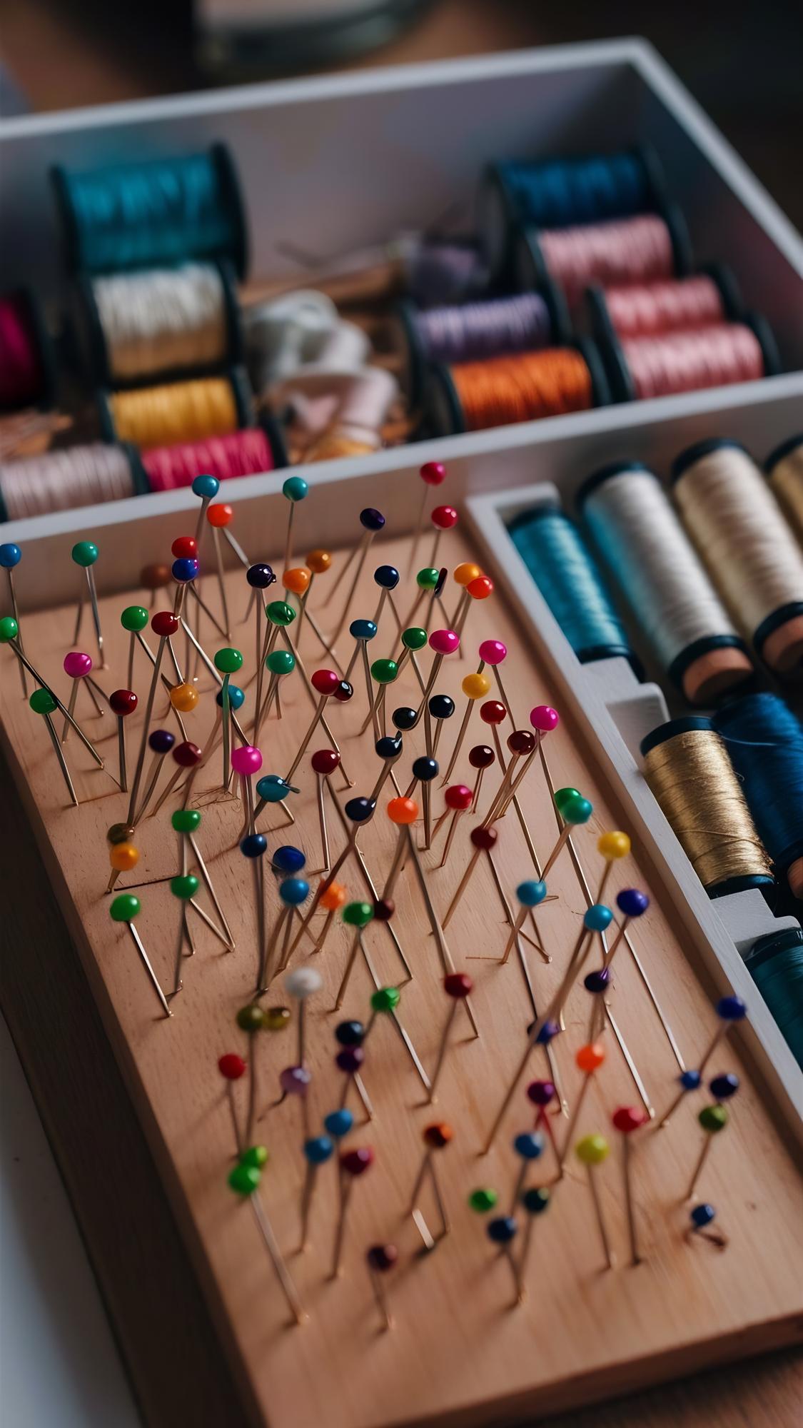 Studio workspace with threads and embroidered samples